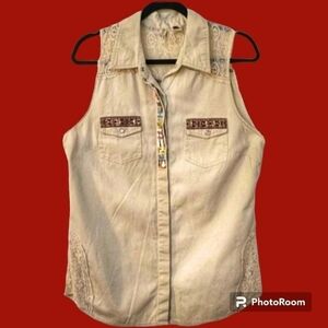 VTG BKE Western Embellished Brocade Ribbon Lace Button Down Sleeveless Shirt